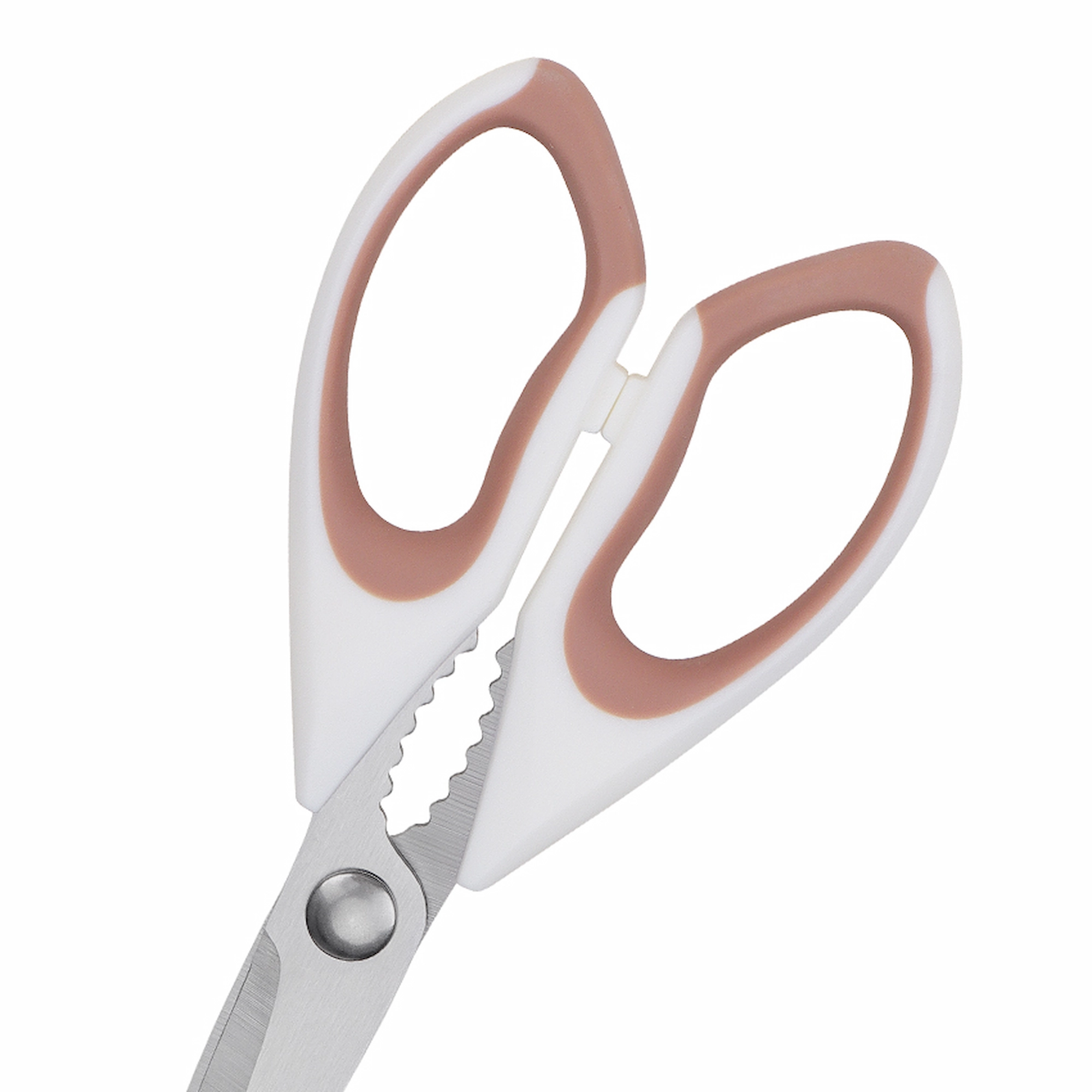 Detailed close-up of ergonomic dual-color soft-grip handle on kitchen scissors isolated on white background KL-SC-SS-005.