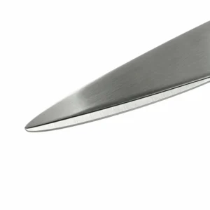 Detailed close-up of all-stainless steel scissor blade tip isolated on white background KL-SC-SS-007.