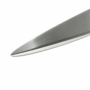 Detailed close-up of all-stainless steel scissor blade tip isolated on white background KL-SC-SS-007.
