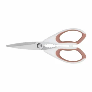 Stainless steel kitchen scissors with soft-grip dual-color handle isolated on white background KL-SC-SS-005.