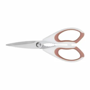 Stainless steel kitchen scissors with soft-grip dual-color handle isolated on white background KL-SC-SS-005.