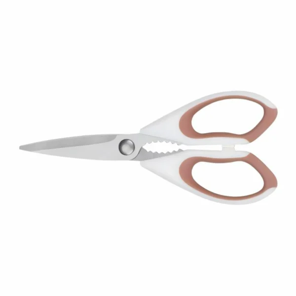 Stainless steel kitchen scissors with soft-grip dual-color handle isolated on white background KL-SC-SS-005.
