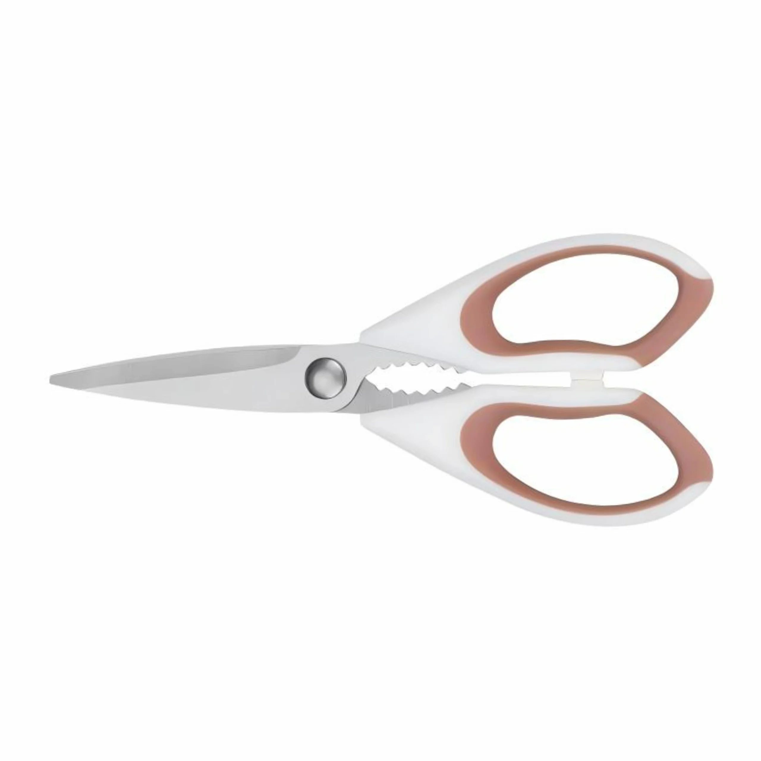 Stainless steel kitchen scissors with soft-grip dual-color handle isolated on white background KL-SC-SS-005.