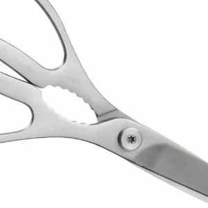 Detailed close-up of all-metal integrated handle and center nutcracker of kitchen scissors isolated on white background KL-SC-SS-007.