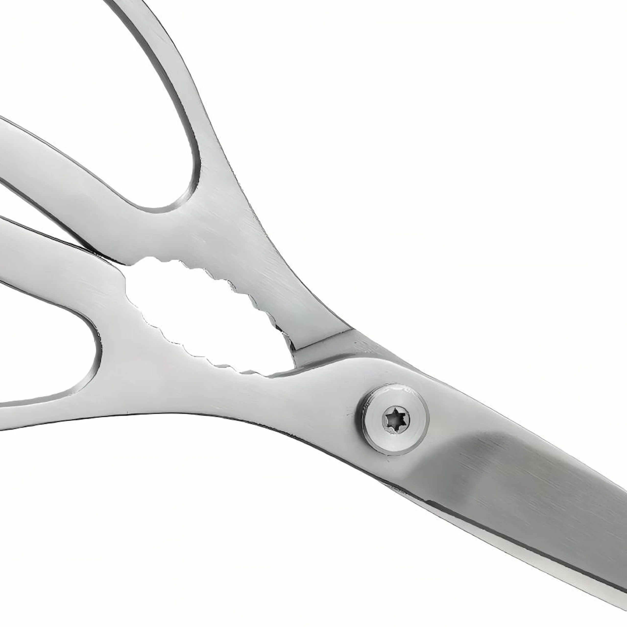 Detailed close-up of all-metal integrated handle and center nutcracker of kitchen scissors isolated on white background KL-SC-SS-007.