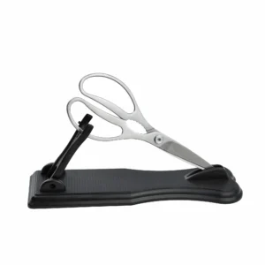 All-stainless steel kitchen scissors resting on custom black stand isolated on white background KL-SC-SS-007.