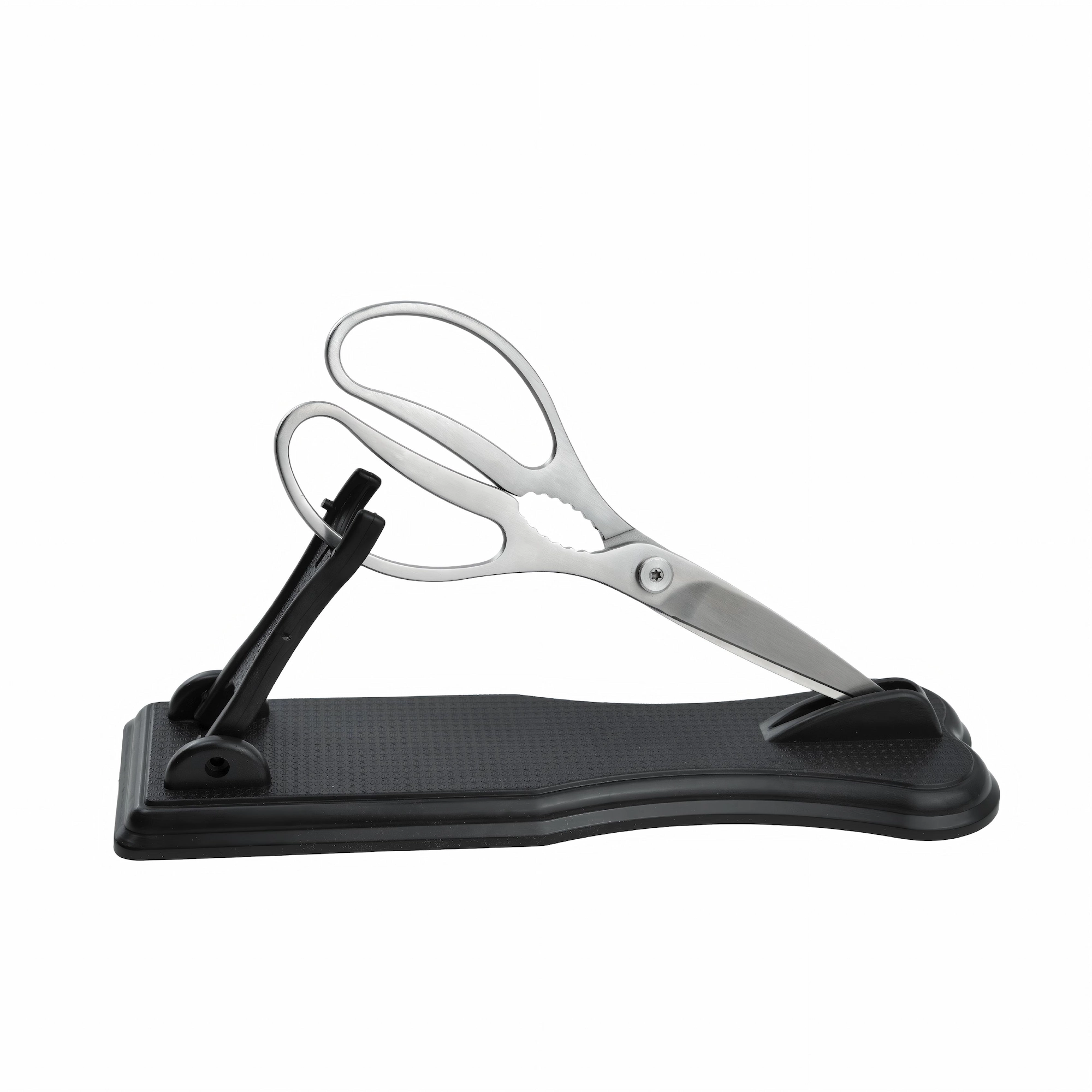 All-stainless steel kitchen scissors resting on custom black stand isolated on white background KL-SC-SS-007.
