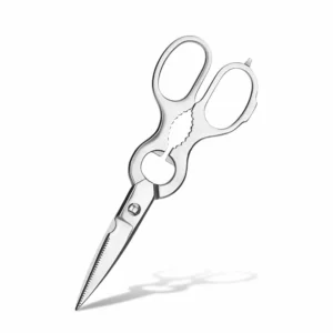 All-stainless steel multi-function kitchen shears closed with shadow, isolated on white background. KL-SC-PR-011