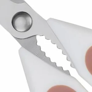 Close-up of serrated steel center grips on kitchen scissors isolated on white background KL-SC-SS-005.