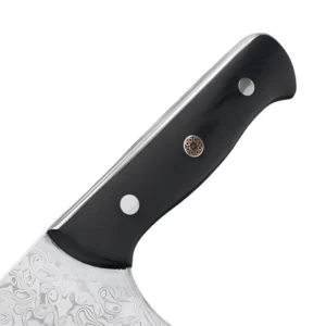 Close-up of black pakkawood handle with mosaic rivet on meat cleaver knife, isolated on white background. KL-KN-DS-004
