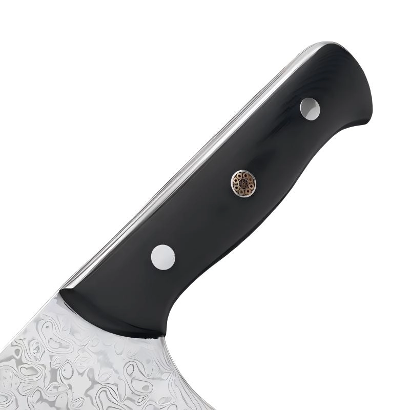 Close-up of black pakkawood handle with mosaic rivet on meat cleaver knife, isolated on white background. KL-KN-DS-004