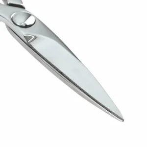 Serrated stainless steel kitchen scissors blade detail isolated on white background KL-SC-PR-006