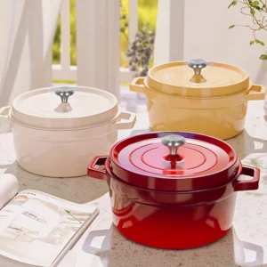 Multi-color enameled cast iron Dutch oven pots in kitchen environment. KL-KA-CU-005