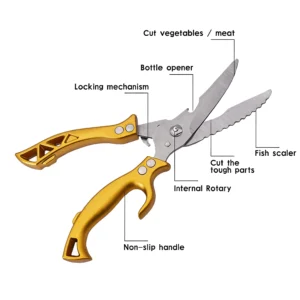 Anatomy diagram of multi-function fishing scissors with gold handles isolated on white background KL-SC-SS-011
