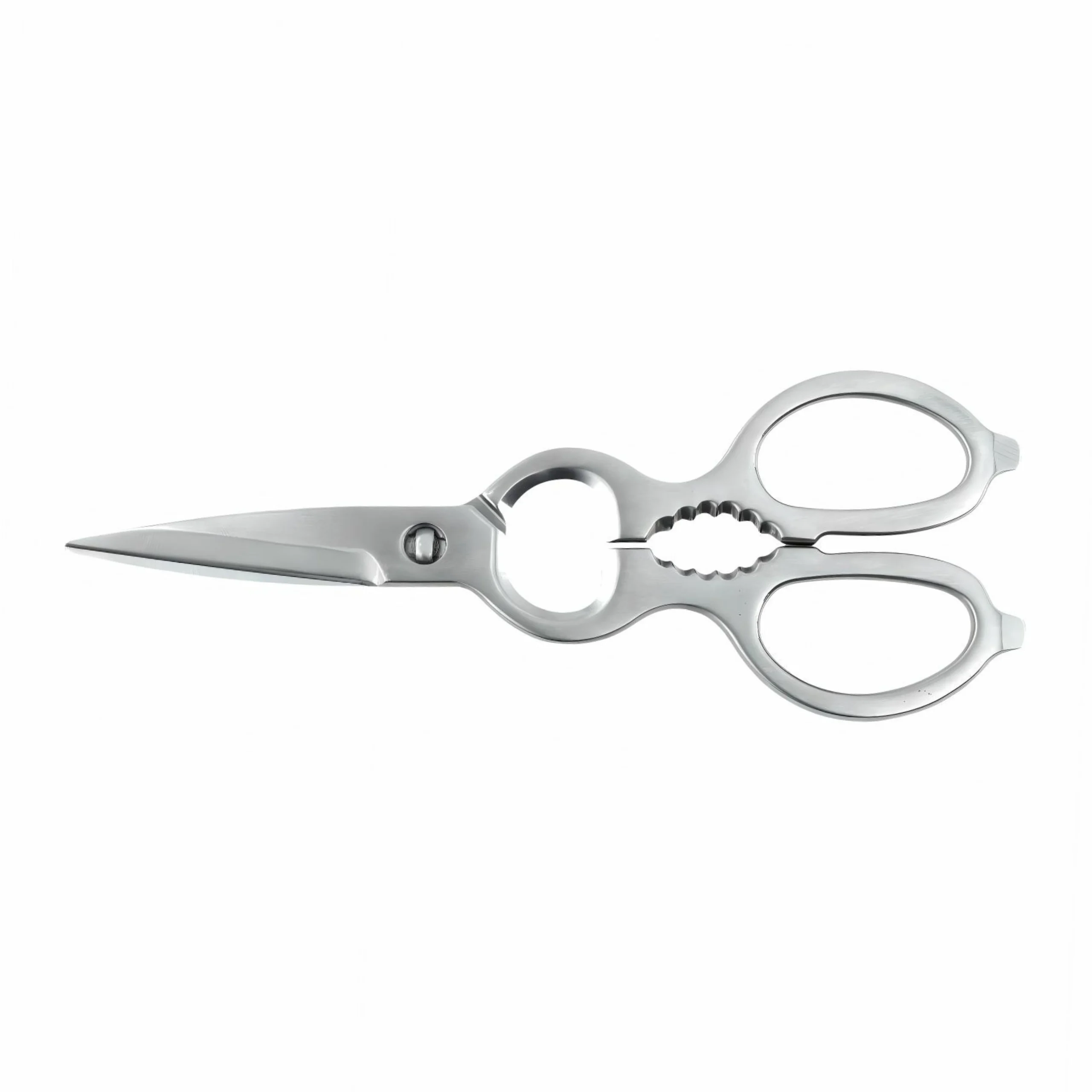 Multifunctional stainless steel kitchen scissors with built-in bottle opener isolated on white background KL-SC-PR-008