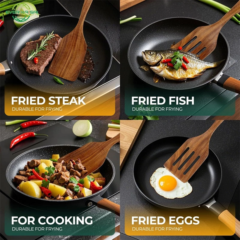 Natural wood slotted spatula and solid turner set in kitchen environment. KL-KA-GAD-006