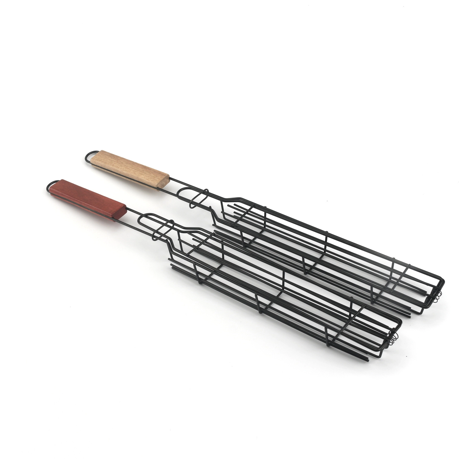 Non-stick baguette grill basket with wooden handles displayed at 45-degree angle KL-KA-BBQ-002