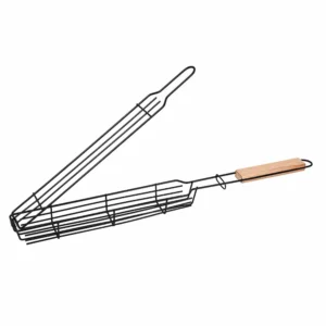 Opened non-stick baguette grill basket with wooden handle isolated on white background KL-KA-BBQ-002