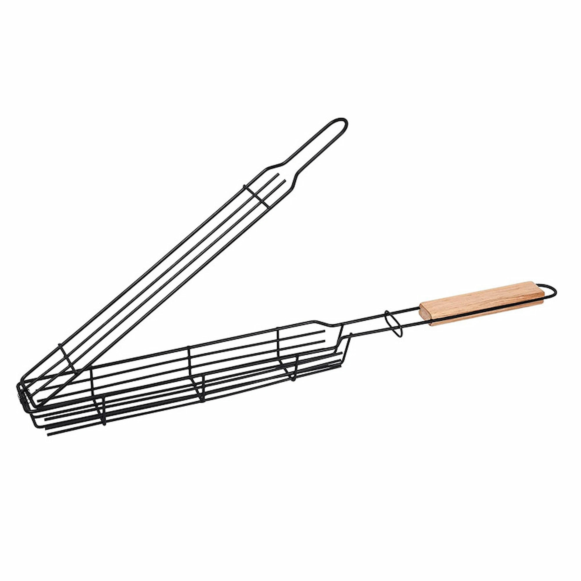 Opened non-stick baguette grill basket with wooden handle isolated on white background KL-KA-BBQ-002