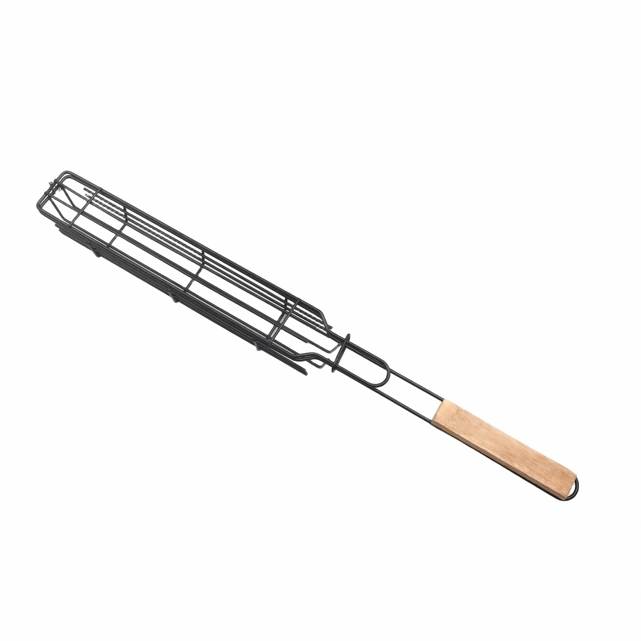 Side view of non stick baguette grill basket with natural wooden handle isolated on white background KL-KA-BBQ-002