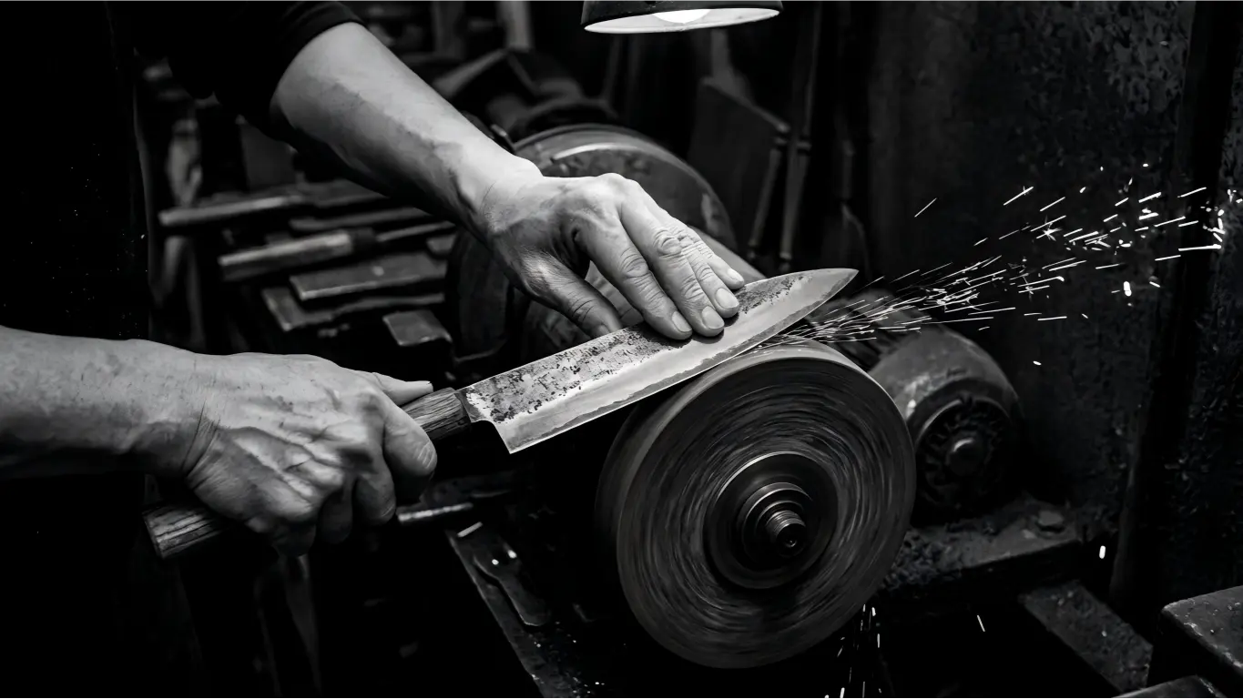 Artisan grinding a custom chef knife on a wheel for OEM ODM private label solutions.