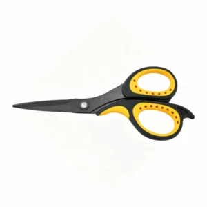 Black non-stick blade office scissors with yellow and black soft-grip handles isolated on white background KL-SC-TI-002