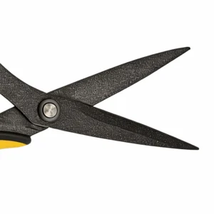 Opened black non-stick coating blades of office scissors isolated on white background KL-SC-TI-002