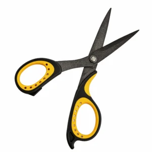 Fully opened black non-stick office scissors with yellow and black soft grip handles isolated on white background KL-SC-TI-002