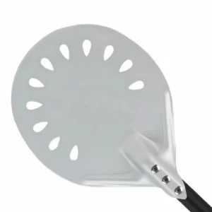 Close up of perforated aluminum pizza peel head with teardrop holes isolated on white background. KL-KA-BBQ-003