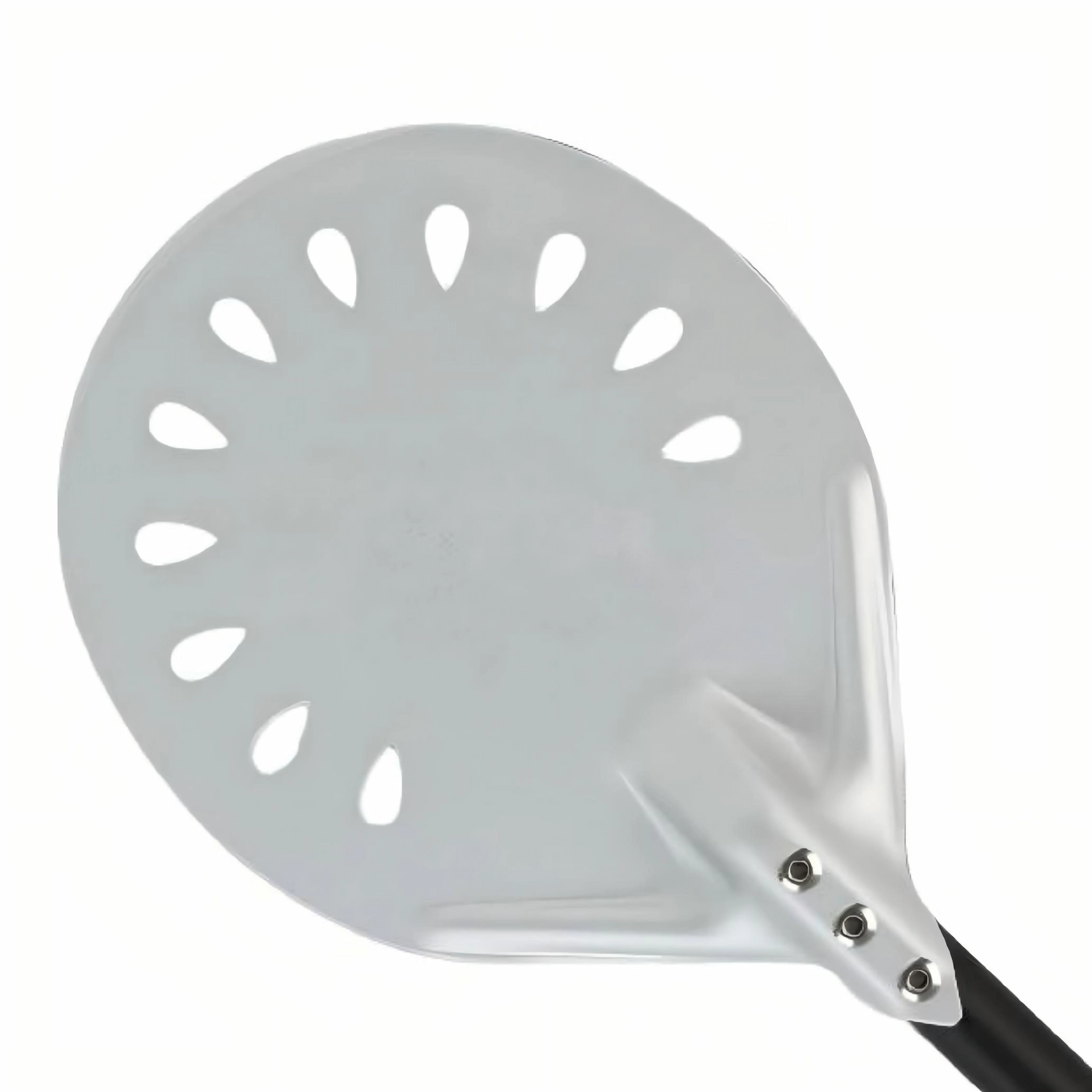 Close up of perforated aluminum pizza peel head with teardrop holes isolated on white background. KL-KA-BBQ-003