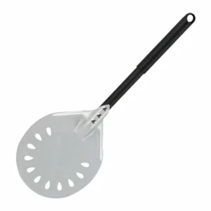Perforated aluminum pizza peel with long black handle isolated on white background. KL-KA-BBQ-003