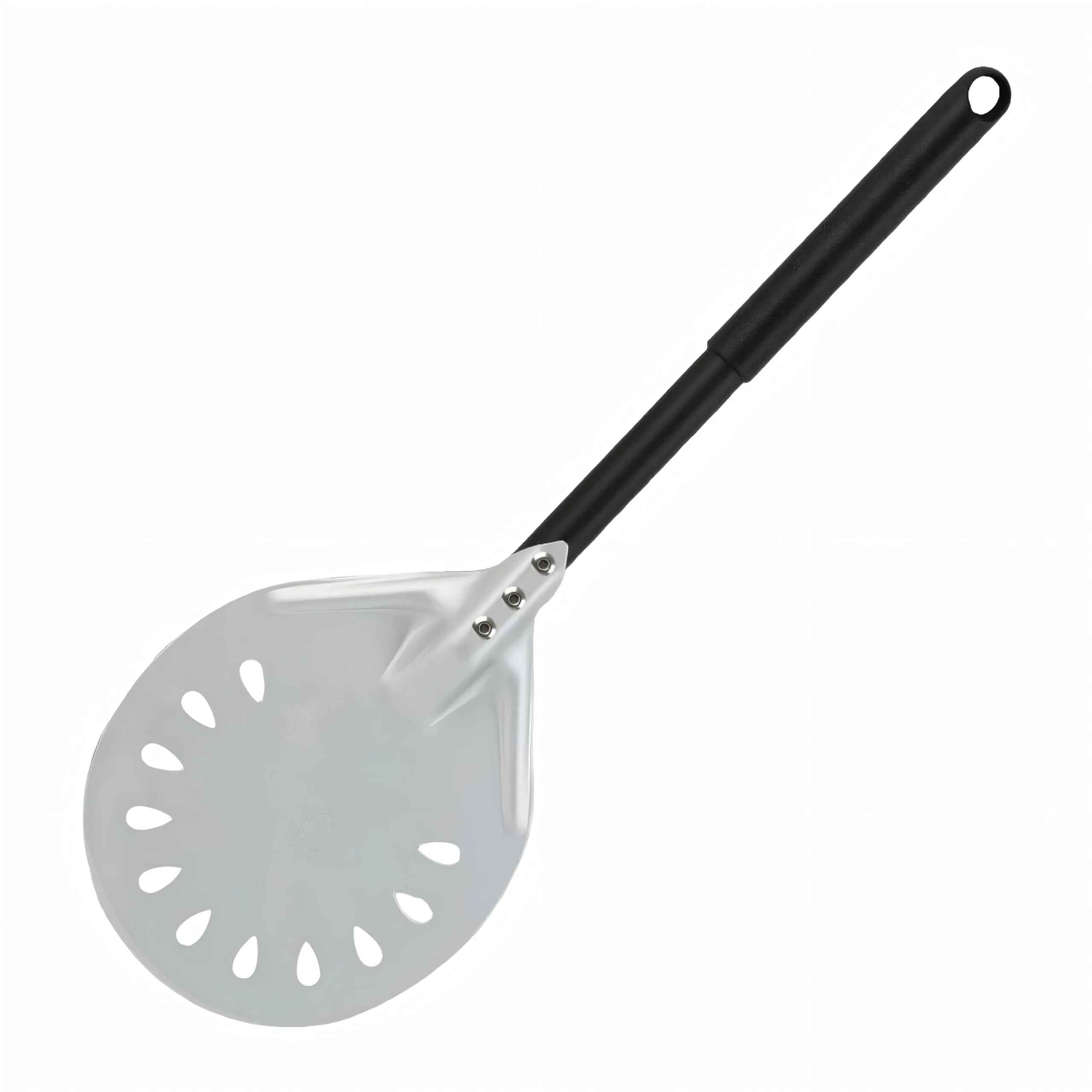 Perforated aluminum pizza peel with long black handle isolated on white background. KL-KA-BBQ-003