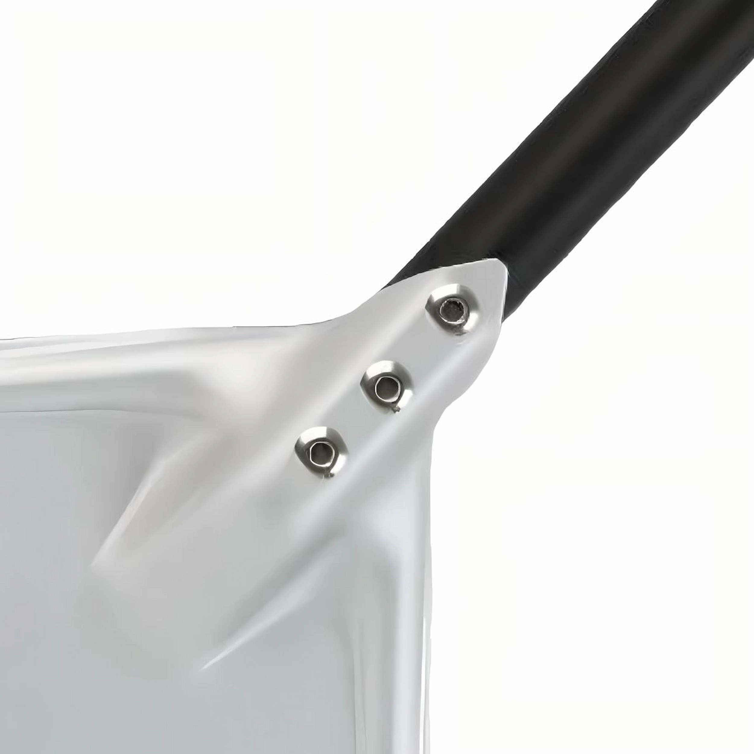Close up of stainless steel riveted handle connection on pizza peel isolated on white background. KL-KA-BBQ-003