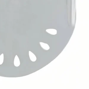 Detailed view of teardrop perforations on aluminum pizza peel head isolated on white background. KL-KA-BBQ-003