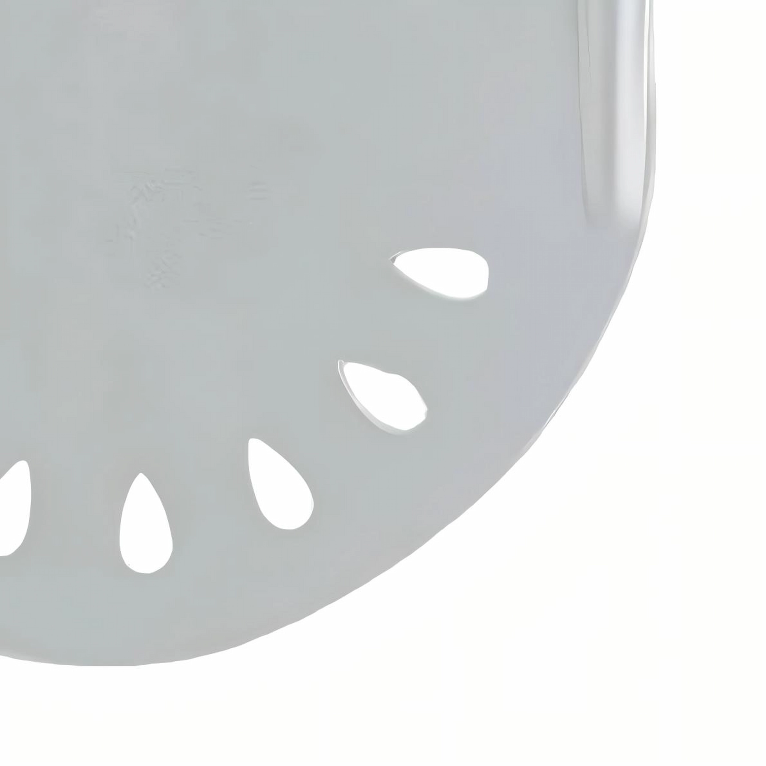 Detailed view of teardrop perforations on aluminum pizza peel head isolated on white background. KL-KA-BBQ-003
