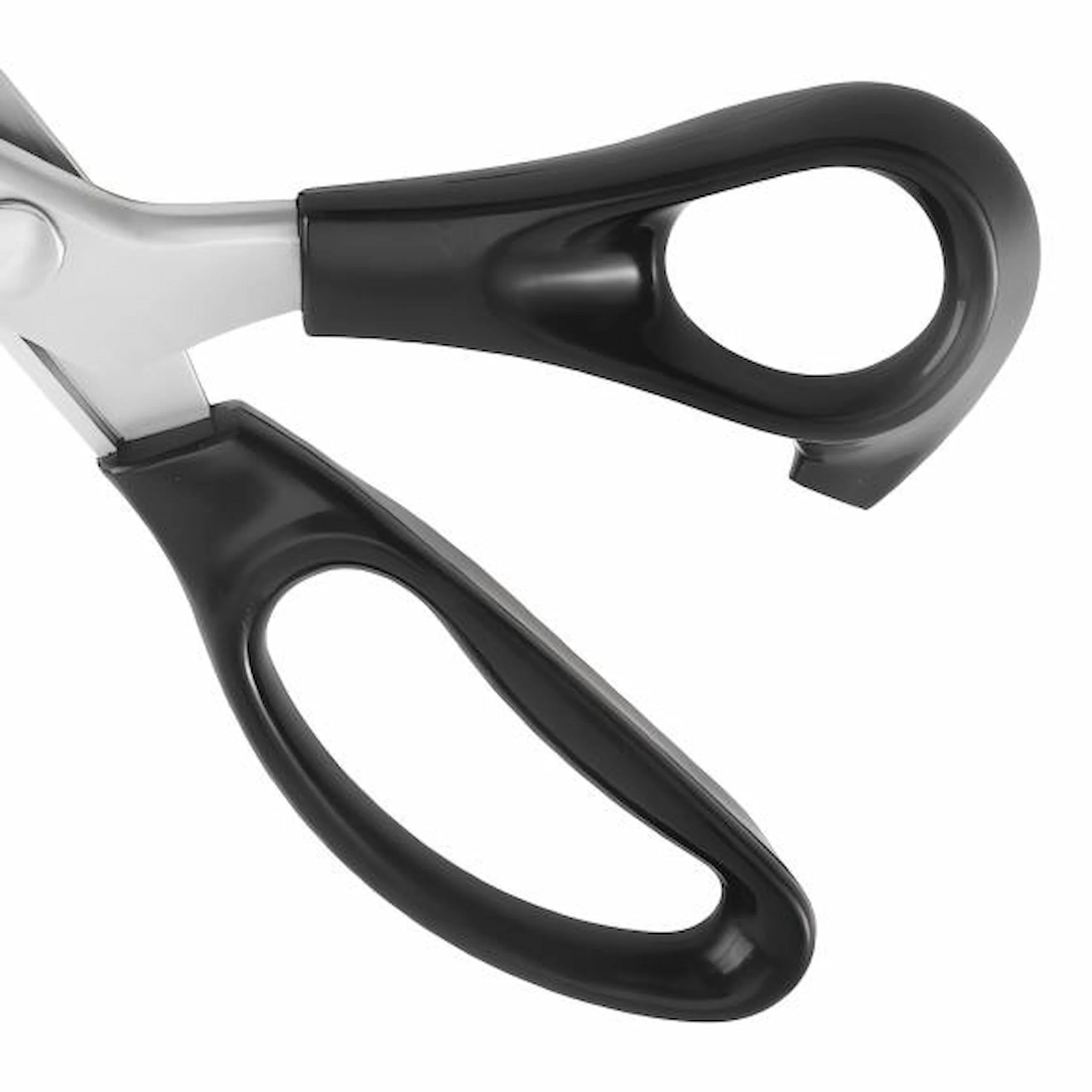 Close-up of pinking shears ergonomic black plastic handle isolated on white background, SKU KL-SC-PR-001