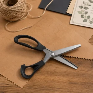Professional pinking shears cutting paper crafting materials displayed on wooden tabletop, SKU KL-SC-PR-001