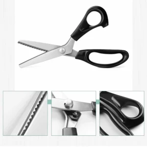 Stainless steel pinking shears with black handles and zigzag blade close-up details on white background, SKU KL-SC-PR-001