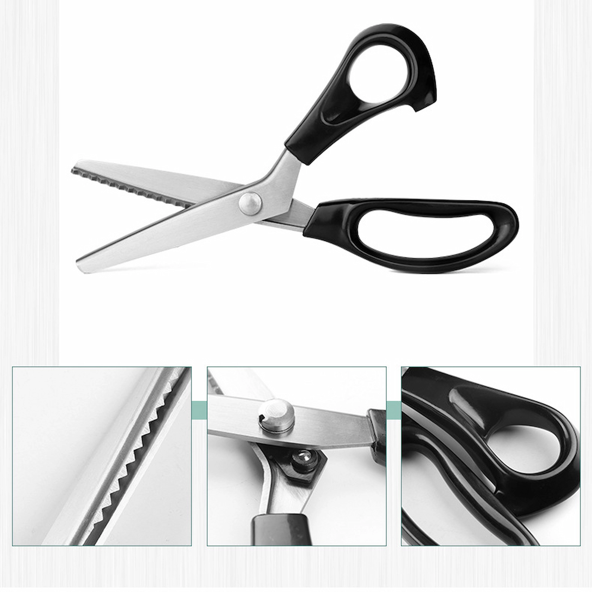Stainless steel pinking shears with black handles and zigzag blade close-up details on white background, SKU KL-SC-PR-001