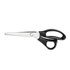 Professional stainless steel pinking shears with black handles isolated on white background, SKU KL-SC-PR-001