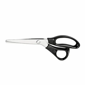 Professional stainless steel pinking shears with black handles isolated on white background, SKU KL-SC-PR-001