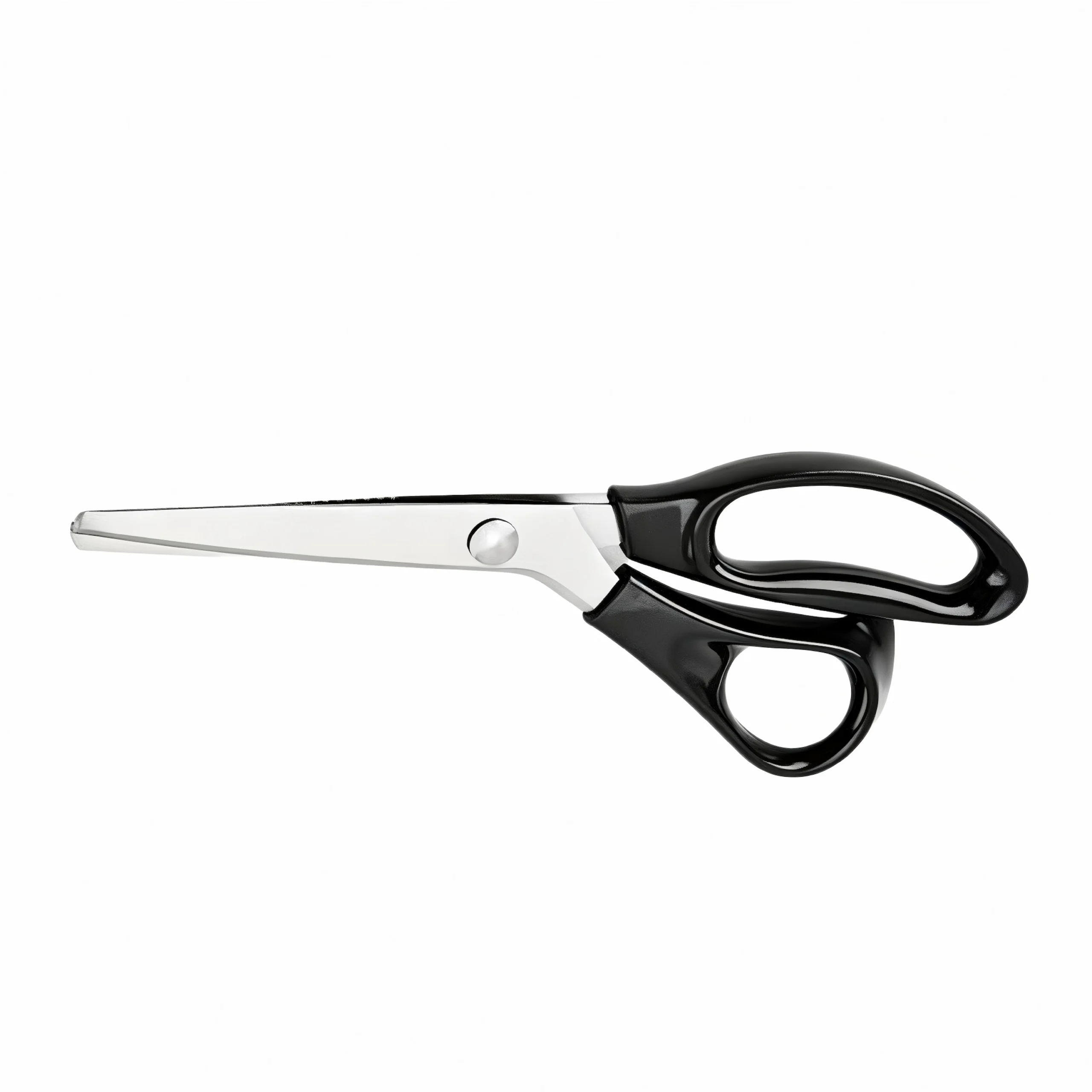 Professional stainless steel pinking shears with black handles isolated on white background, SKU KL-SC-PR-001
