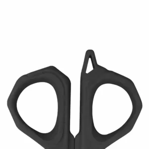 Close-up view of the all-black ergonomic plastic soft-grip handles of precision scissors isolated on white background KL-SC-TI-003