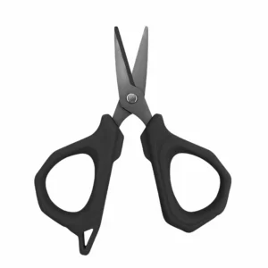 Fully opened all black ergonomic precision craft scissors with matte black blades isolated on white background KL-SC-TI-003