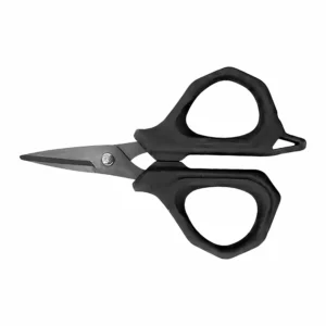 All black ergonomic precision craft scissors with matte black stainless steel blades isolated on white background KL-SC-TI-003