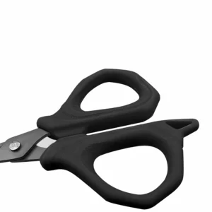 Close-up of all black ergonomic soft-touch comfort grip handles on precision scissors isolated on white background KL-SC-TI-003