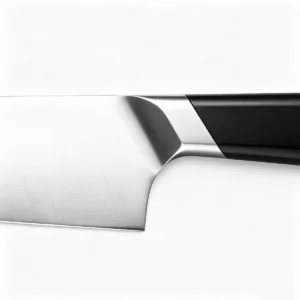 Professional Chef Knife Bolster Detail | KaiLionCrafts Close up of professional chef knife stainless steel bolster and heel transition on white background KL-KN-SS-022