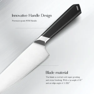 Professional Chef Knife - Innovative POM Handle | KaiLionCrafts Professional stainless steel chef knife with premium POM handle on workbench setting KL-KN-SS-022