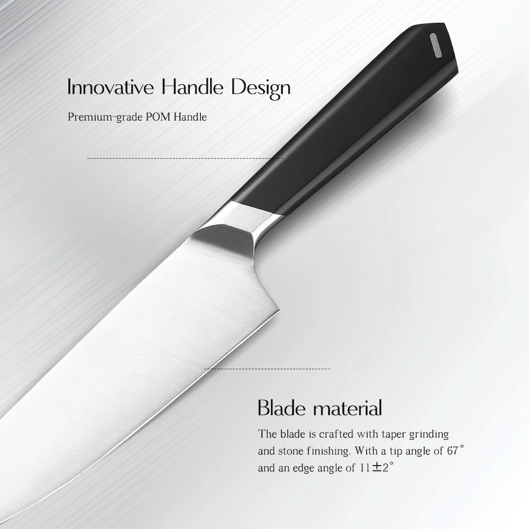Professional Chef Knife - Innovative POM Handle | KaiLionCrafts Professional stainless steel chef knife with premium POM handle on workbench setting KL-KN-SS-022