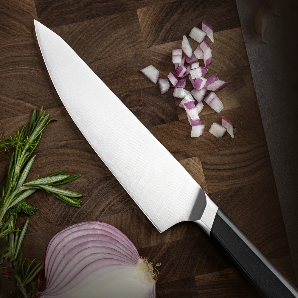Professional Chef Knife - Kitchen Scene | KaiLionCrafts Professional stainless steel chef knife displayed on wooden tabletop with chopped onions in kitchen environment KL-KN-SS-022